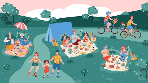 Vector summer park with people resting on a picnic flat cartoon vector illustration