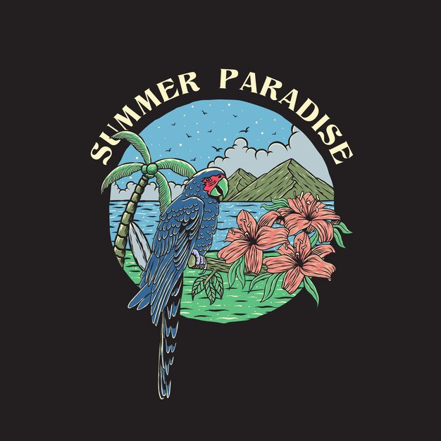 Vector summer parrot on the beach with hand drawn style