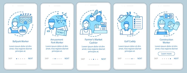 Schermata della pagina dell'app mobile di onboarding blu dei lavori part-time estivi con concetti lineari. operaio edile, caddy. procedura dettagliata istruzioni grafiche. modello vettoriale ux, ui, gui con illustrazioni