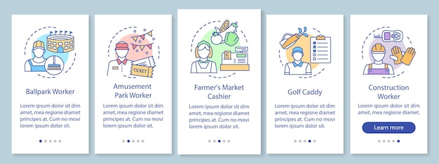 線形の概念を持つモバイルアプリのページ画面をオンボーディングする夏のパートタイムの仕事。建設労働者、キャディー、レジ係のウォークスルーステップのグラフィックの説明。イラスト付きのUX、UI、GUIベクトルテンプレート