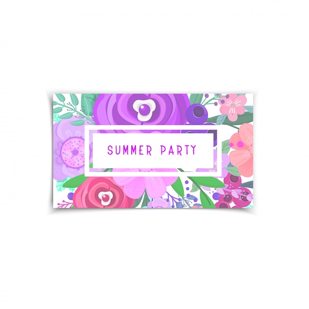 Summer party banner decorated with flowers and plants.