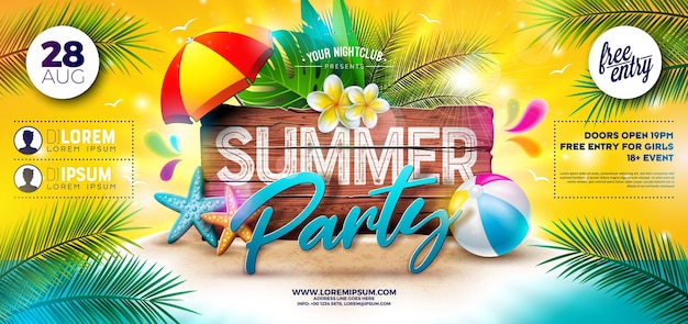 Summer Party Banner Flyer Design met Bloem en Beach Ball op Tropisch Eiland met Typografie