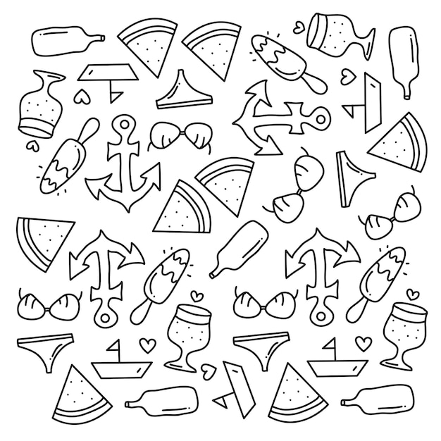 Summer party doodle set vector with line style