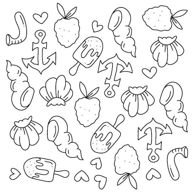 summer party doodle set vector with line style
