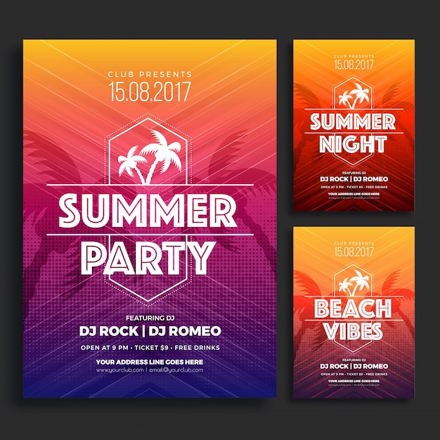 Summer party flyer or poster design in three different color option.