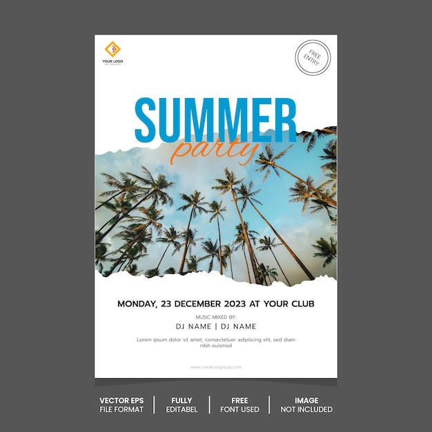 Summer party flyer vector design with a tropical beach background