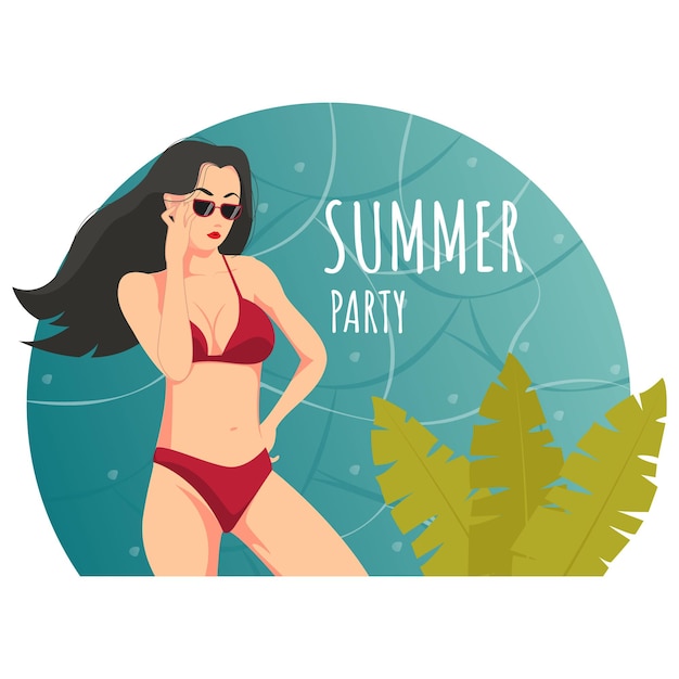Vettore illustrazione di vacanza festa estiva con donna in bikini sullo sfondo del mare