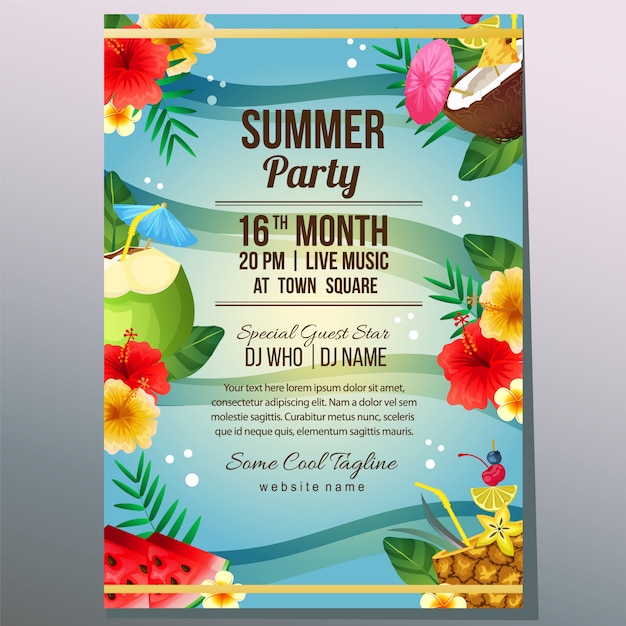 Vector summer party holiday poster template sea and cocktail drink vector illustration