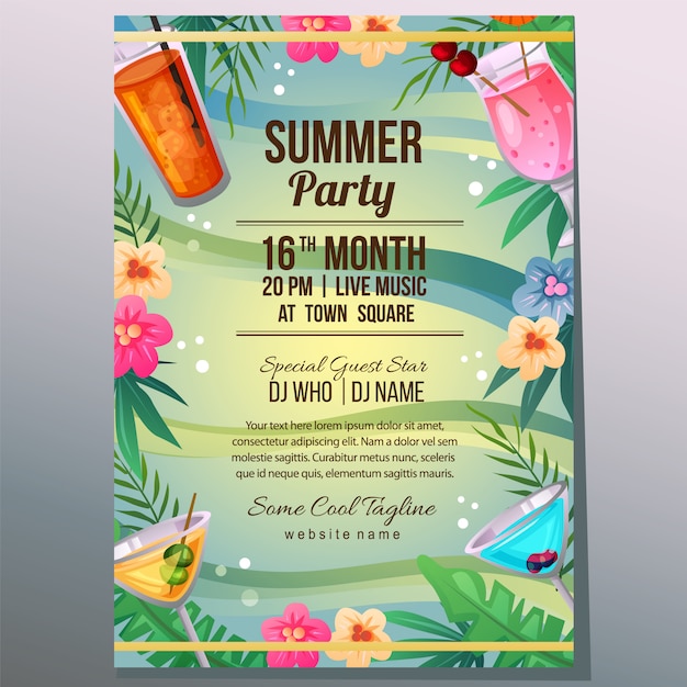 Summer party holiday poster template tropical cocktail  illustration