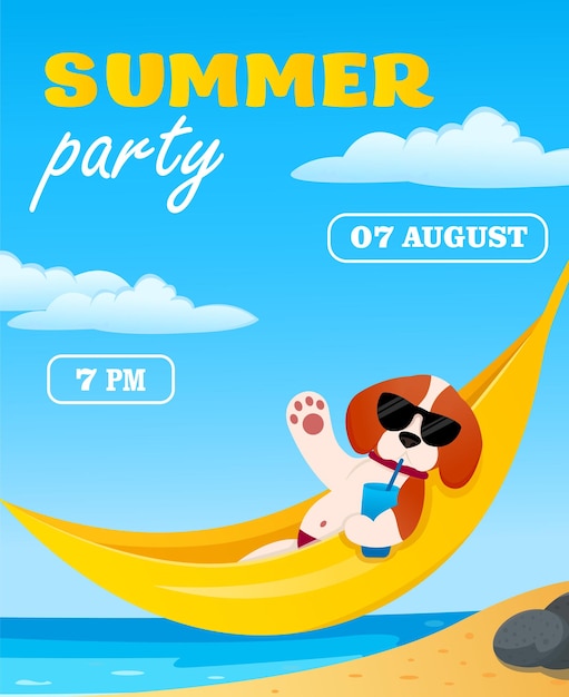 Invito a una festa estiva. modello di volantino poster design estate festa in spiaggia. cane su un'amaca.