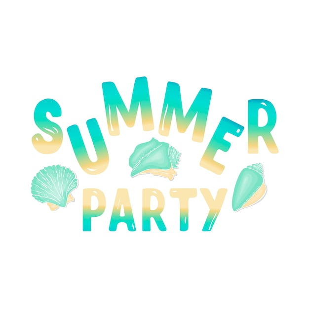 Summer party lettering gradiente doodle conchiglie impostate per il tuo design sfondo bianco isolato