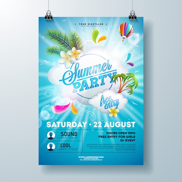 Summer party poster design template with flower, palm leaves and cloud on blue background. holiday illustration