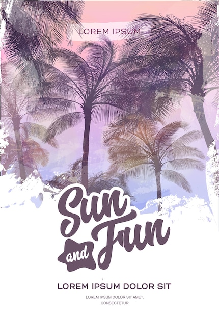 Vector summer party poster or flyer design template with palm trees silhouettes.