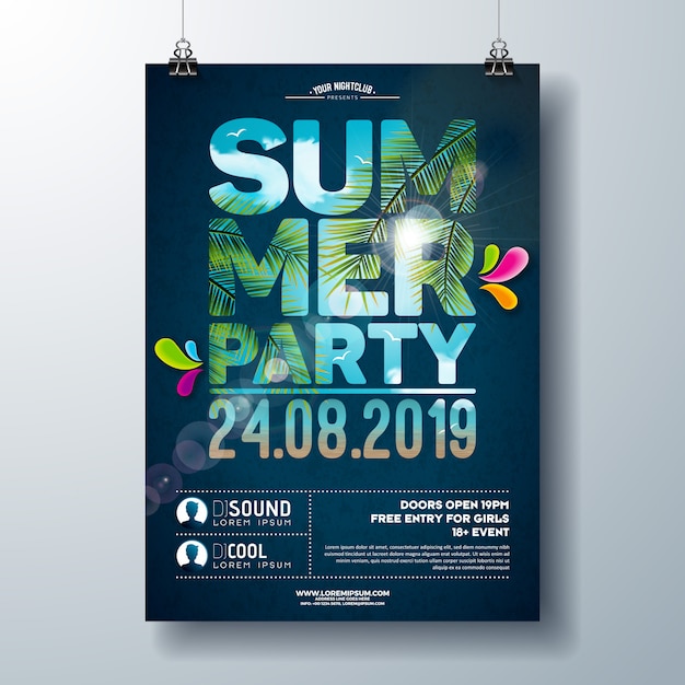 벡터 야자수와 바다 풍경 여름 파티 포스터 템플릿 디자인