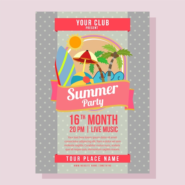 Summer party poster template holiday with flat style beach vector illustration