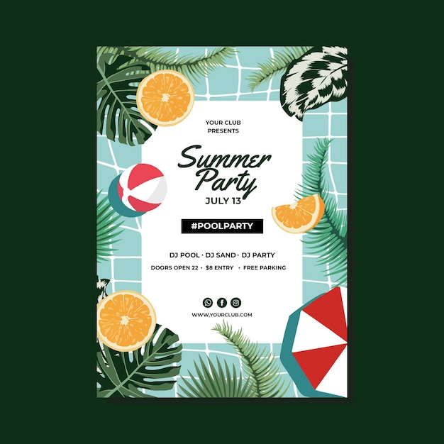 Summer party poster template with leaves