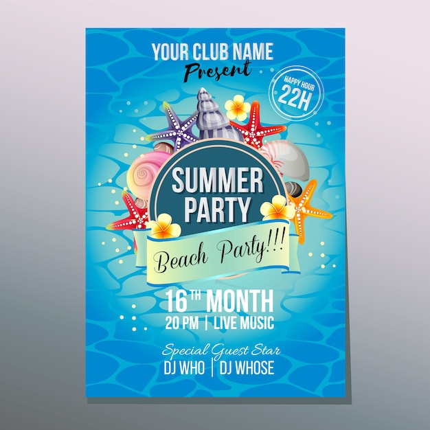 Vector summer party poster template with sea shell