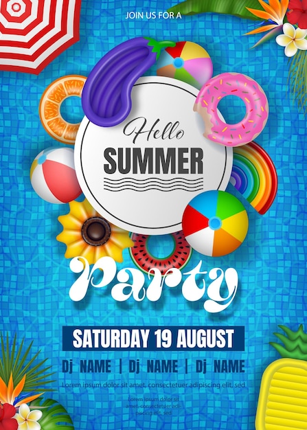 Vector summer party poster with colorful inflatables ond pool water. pool party flyer