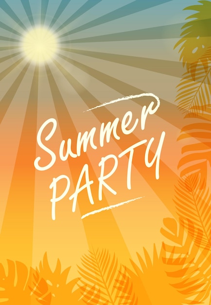 Постер летней вечеринки с надписью и тропическими листьями вектор
