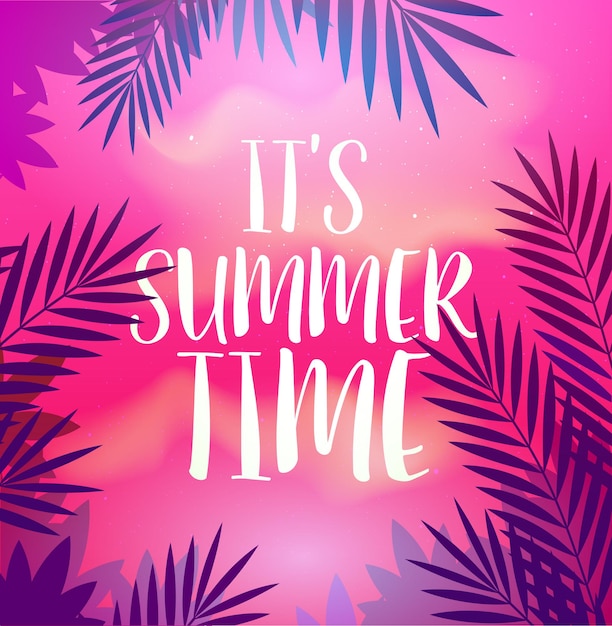 Vector summer party poster with palm leaf and lettering its summer time poster template