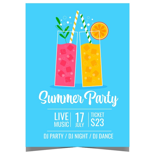 Summer party poster with two glasses of refreshing cocktails and lemonade or soda