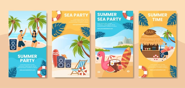 Summer Party Social Media Stories Template Flat Cartoon Background Vector Illustration