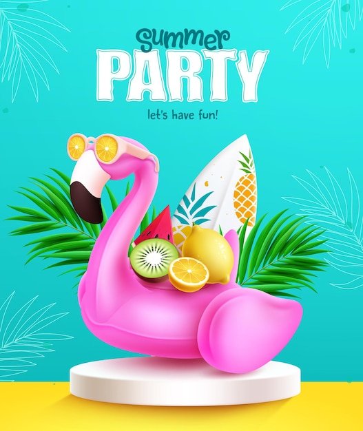 Vector summer party text vector poster design summer party invitation card with pink flamingo floaters