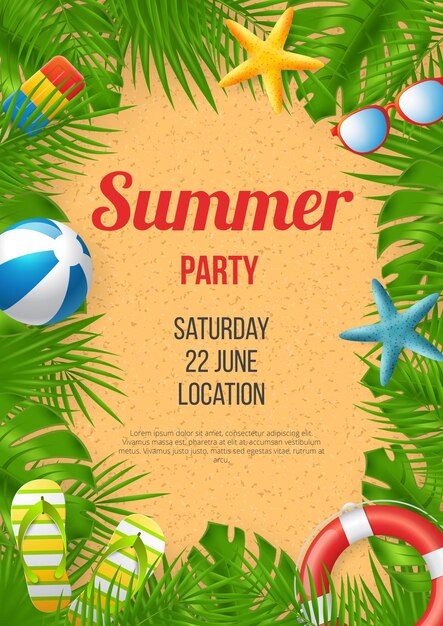 Summer party vector banner design with colorful 3D beach elements