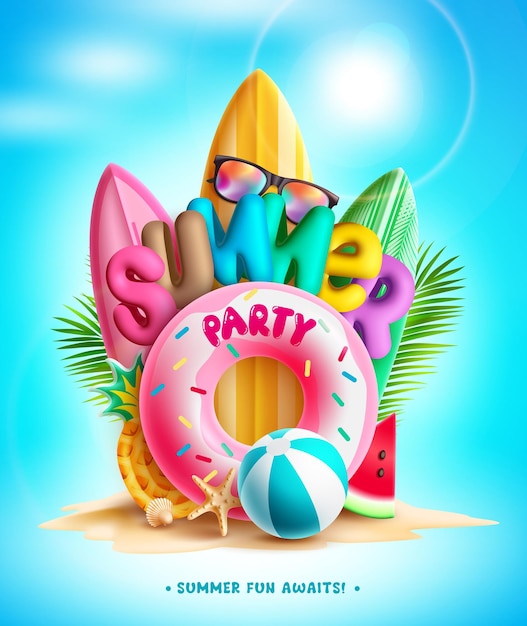 Disegno vettoriale festa estiva. festa estiva testo 3d sullo sfondo dell'isola per vacanze divertenti e divertenti