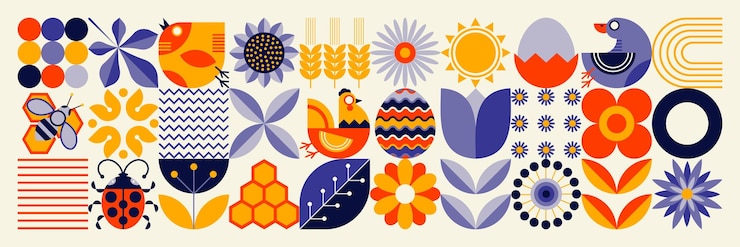 Vector summer pattern agriculture animal husbandry ancient mosaic style simple geometric shapes