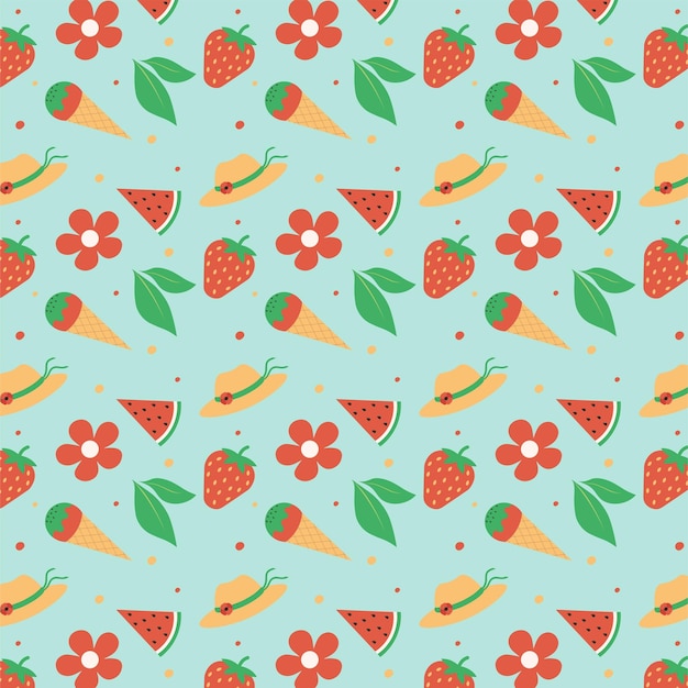 Summer pattern concept with flower watermelon hat strawberry vector illustration in flat style