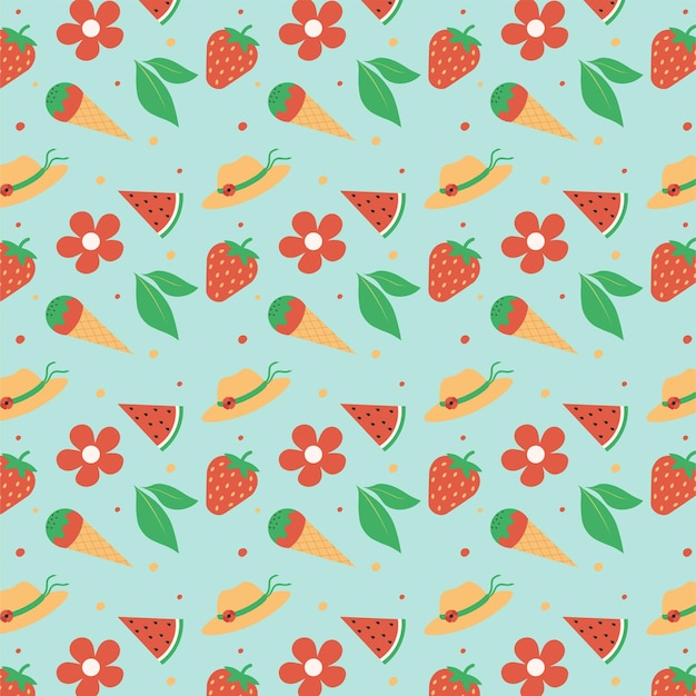 Summer Pattern Concept With Flower Watermelon Hat Strawberry Vector Illustration In Flat Style