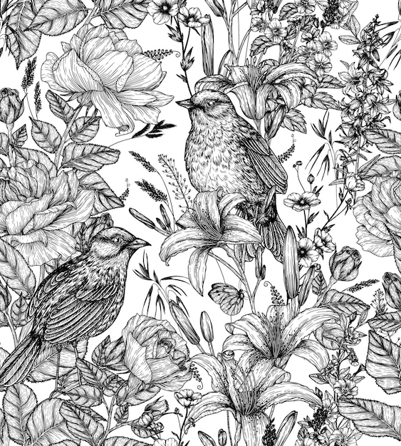 Summer pattern flowers and birds in engraving style Linear graphic lilies roses nightingales