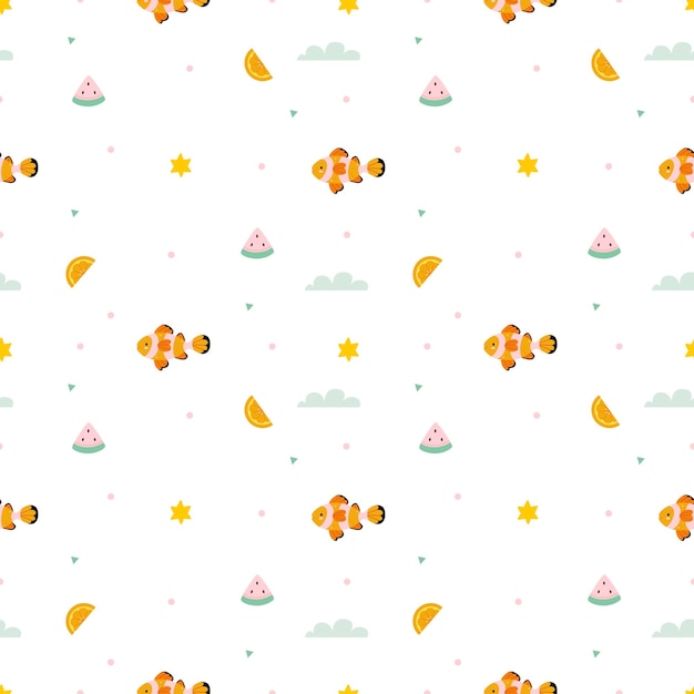 Summer pattern with fish and watermelons Clown fish Summer vibe flat style