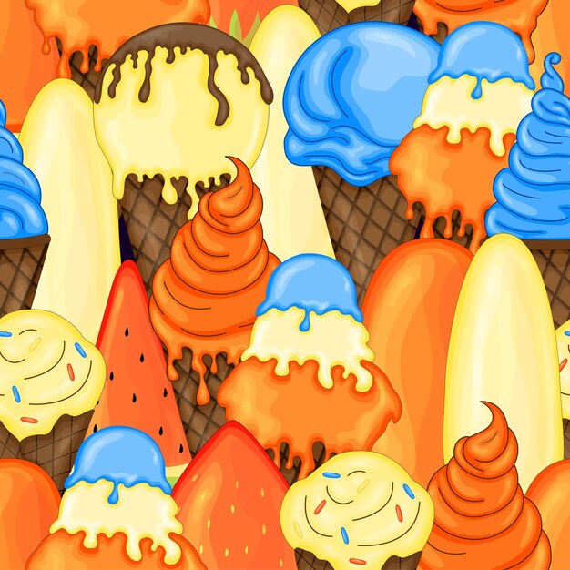 Summer pattern with ice cream cartoon style vector illustration