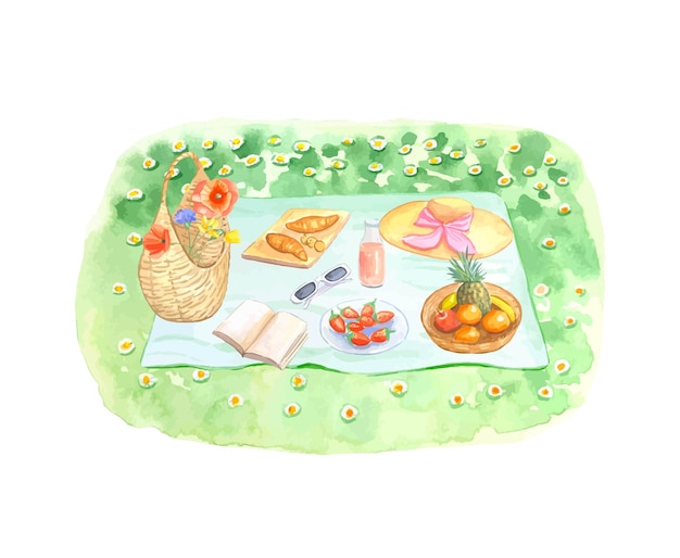 Vector summer picnic in the meadow rest at nature watercolor illustration hand painted
