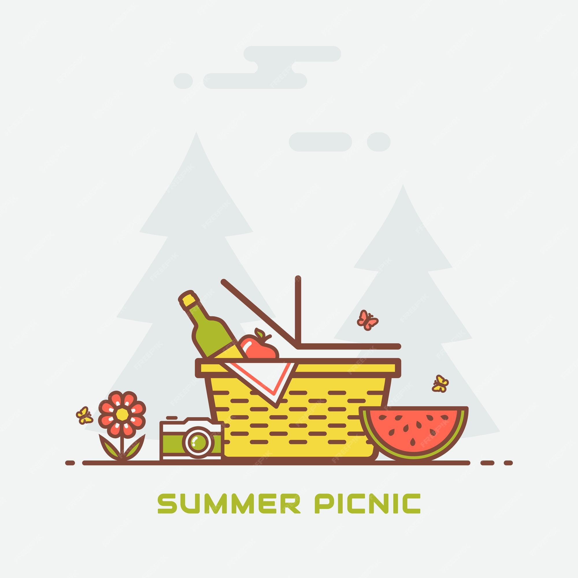 Premium Vector | Summer picnic in nature. vector banner with basket, wine,  apple, watermelon, butterflies, camera and with trees on background.  colorful modern line illustration.
