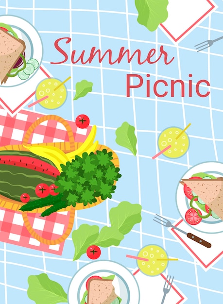 Summer picnic party watermelon bananas parsley tomatoes salad sandwich on plate on tablecloth Vector illustration