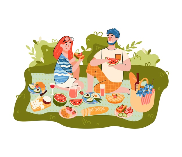 Picnic estivo con personaggi dei cartoni animati di uomo e donna