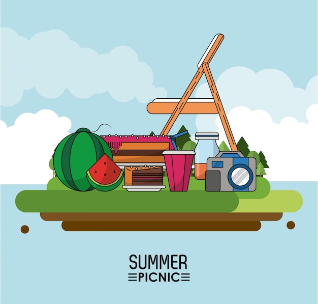椅子スイカパイ飲料とカメラ付きの夏のピクニック