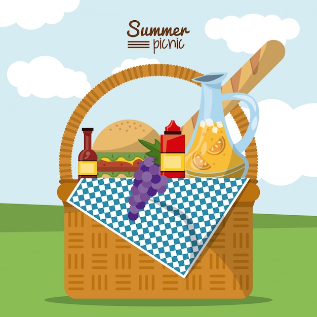 Vector summer picnic with landscape and picnic basket full of food