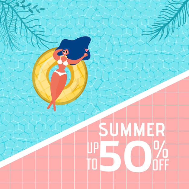 Vector summer pool party advertising design with girl on rubber ring.