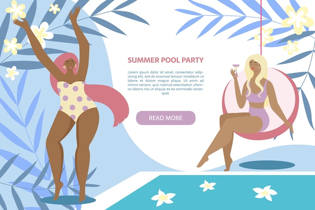 Vector summer pool party banner. women near swimming pool with leaves