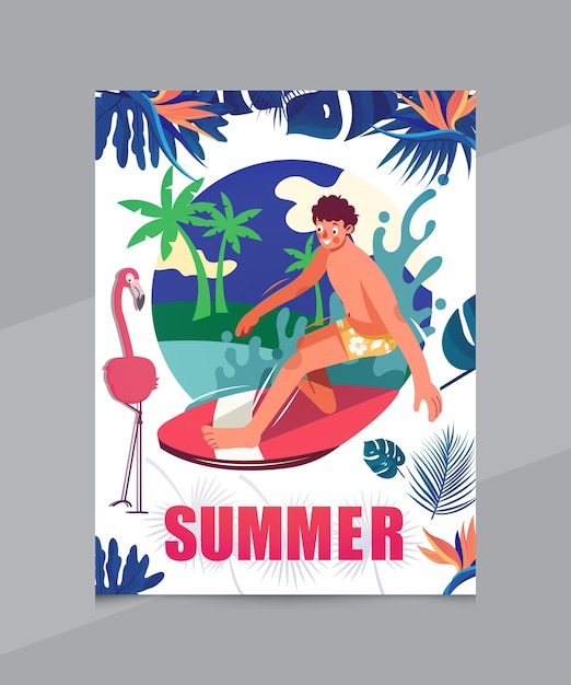Summer pool party poster design template with palm leaves with man and board