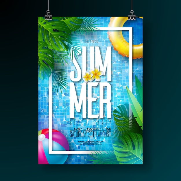 Vector summer pool party poster design template with pool water