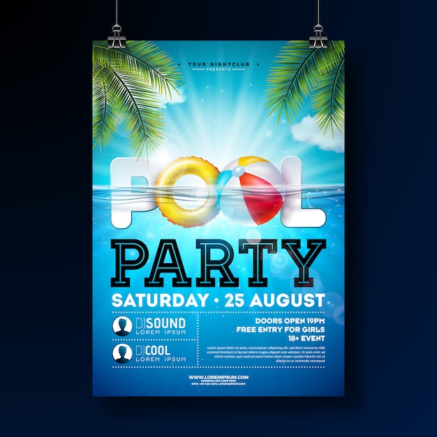 Vector summer pool party poster design template with water