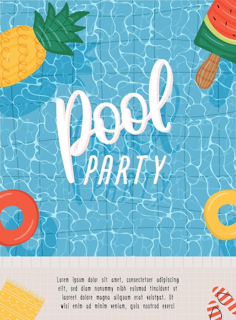 Vector summer pool party poster or flyer template with swimming mattresses and rings