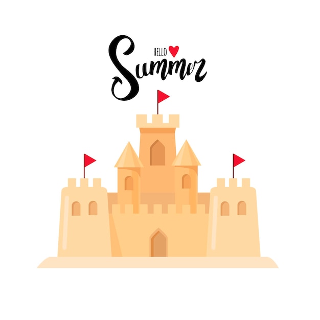 Cartolina d'estate. iscrizione calligrafica hello summer. castello di sabbia. disegno del fumetto.