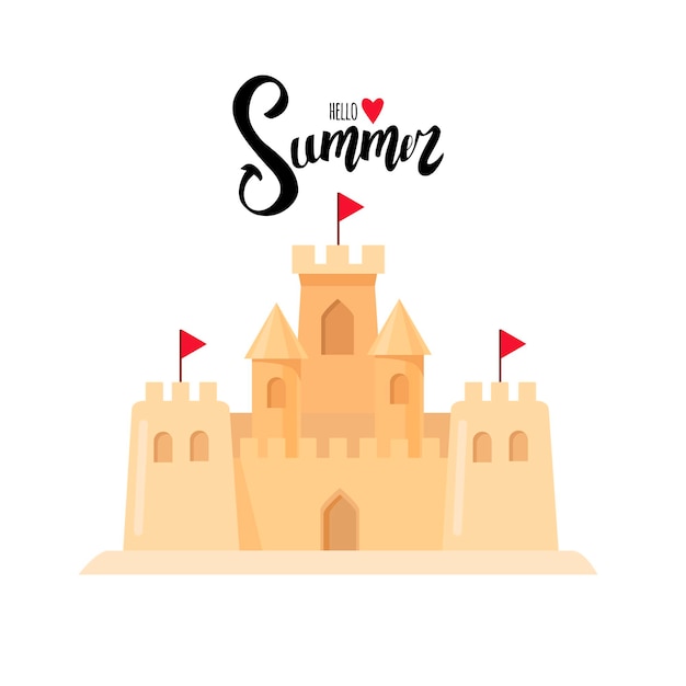 Summer postcard. Calligraphic inscription Hello Summer. Sand castle. Cartoon design.