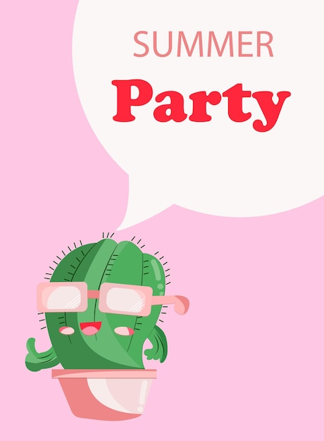 A summer postcard with a pink background and a bright and cheerful cactus with thoughts of a summer party